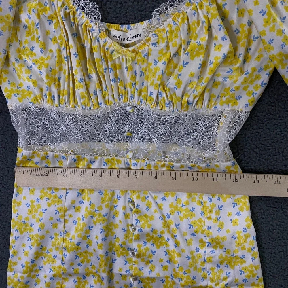 For Love & Lemons Dress FITS XS Yellow Daffodil Floral Puff Sleeve Satin Mini